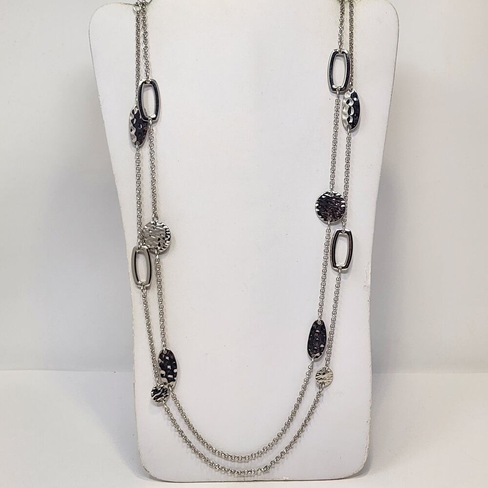 Multi Chain Hammered Disc Silver Tone Long Chain Necklace Layered Casual Jewelry